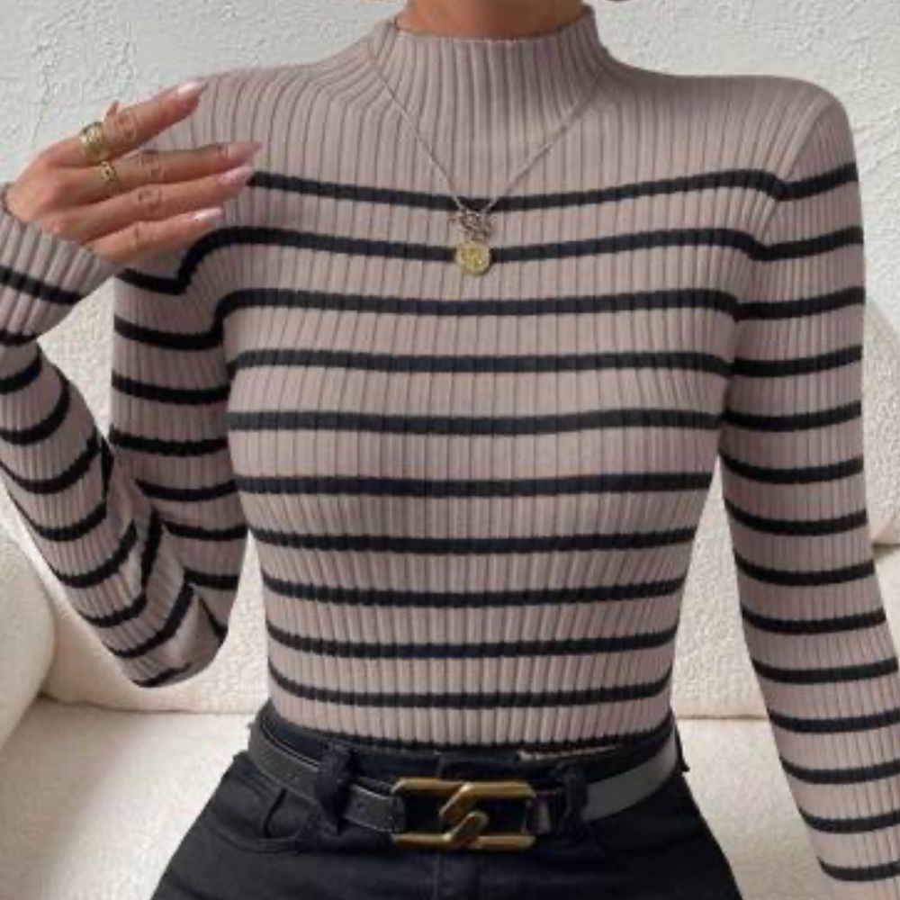 SHEIN Beige Ribbed Cowlneck Sweater with Black Stripes